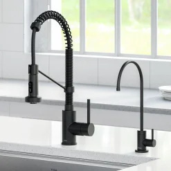 KRAUS Bolden Commercial Style Pull-Down Kitchen Faucet and Purita Water Filter Faucet Combo in Matte Black