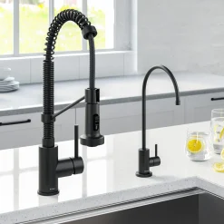 KRAUS Bolden Commercial Style Pull-Down Kitchen Faucet and Purita Water Filter Faucet Combo in Matte Black
