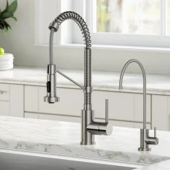 KRAUS Bolden Commercial Style Pull-Down Kitchen Faucet and Purita Water Filter Faucet Combo in Spot Free Stainless Steel