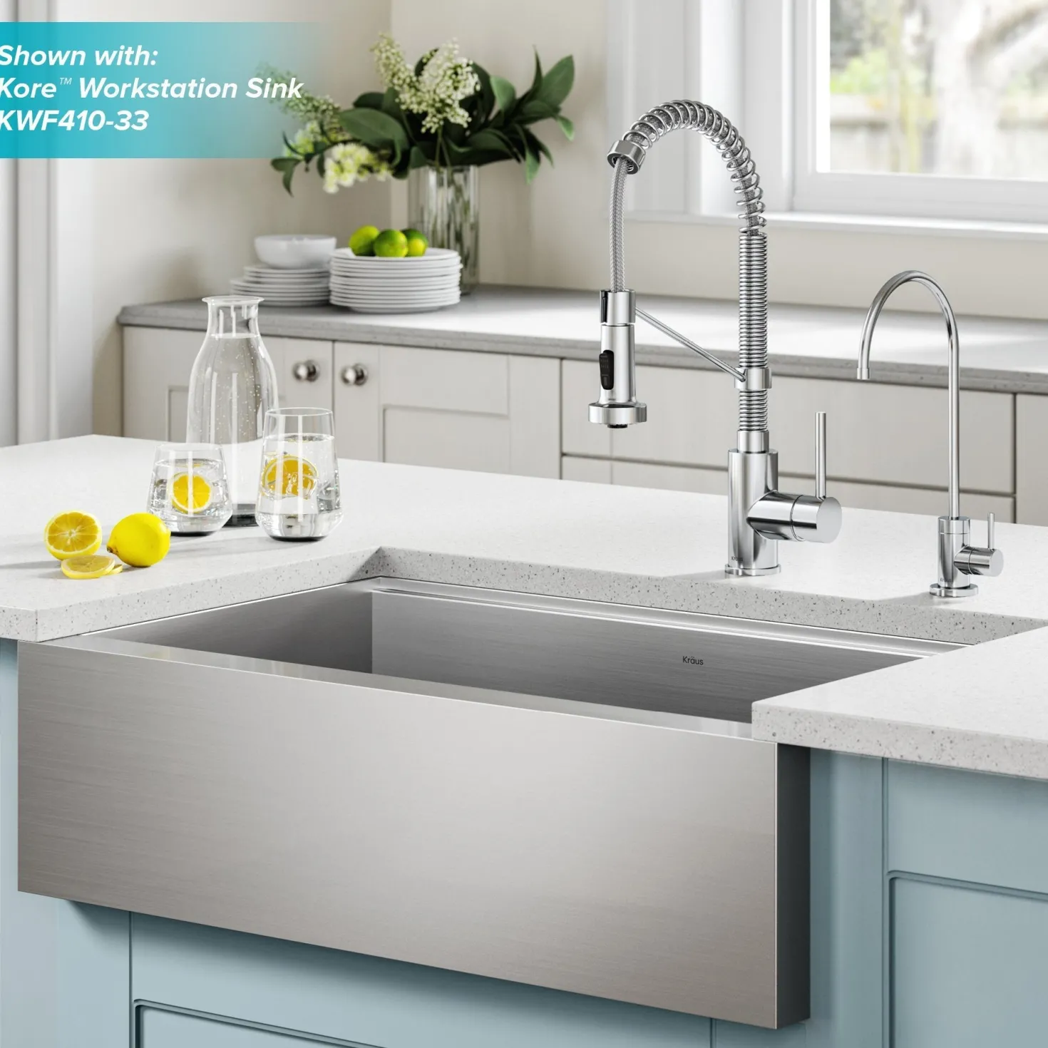 KRAUS Bolden Commercial Style Pull-Down Kitchen Faucet and Purita Water Filter Faucet Combo in Chrome