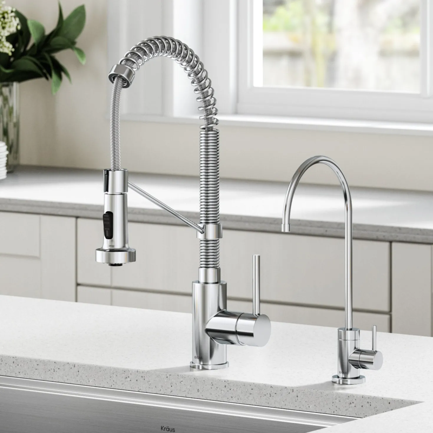 KRAUS Bolden Commercial Style Pull-Down Kitchen Faucet and Purita Water Filter Faucet Combo in Chrome