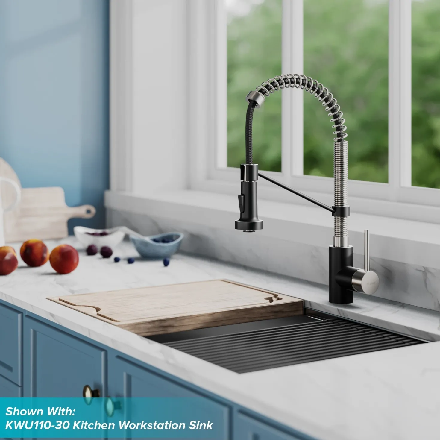 KRAUS Bolden 18-Inch Commercial Kitchen Faucet with Pull-Down Sprayhead in Stainless Steel/Matte Black
