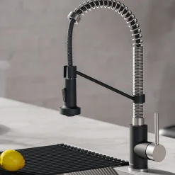 KRAUS Bolden 18-Inch Commercial Kitchen Faucet with Pull-Down Sprayhead in Stainless Steel/Matte Black