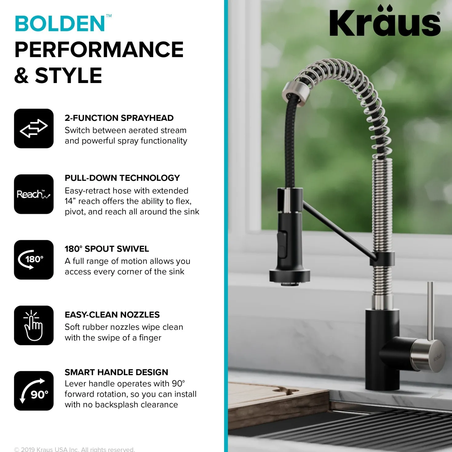 KRAUS Bolden 18-Inch Commercial Kitchen Faucet with Pull-Down Sprayhead in Stainless Steel/Matte Black