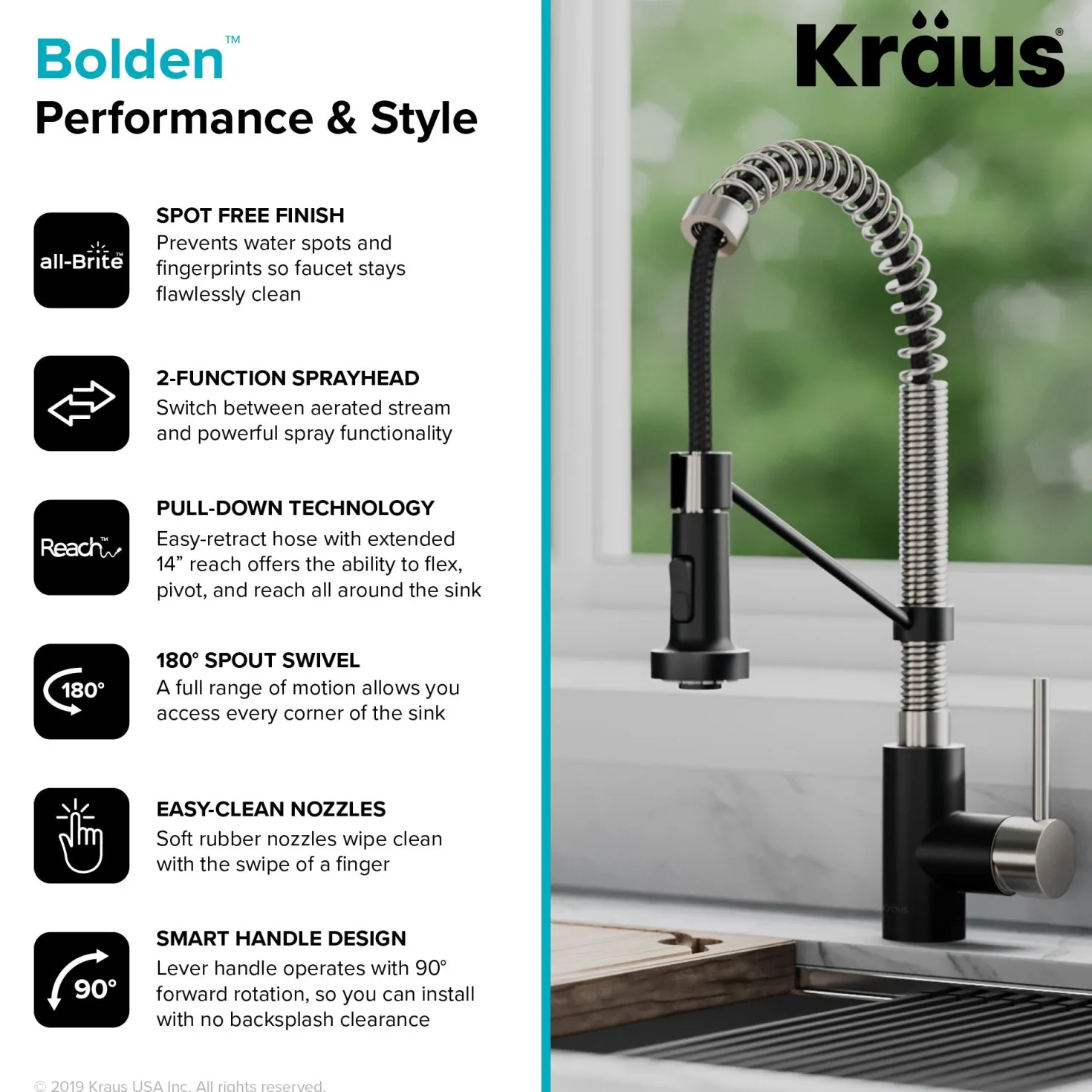 KRAUS Bolden 18-Inch Commercial Kitchen Faucet with Pull-Down Sprayhead in Spot Free Stainless Steel/Matte Black
