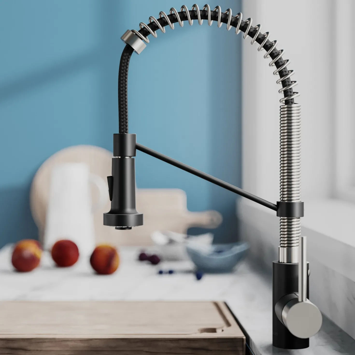 KRAUS Bolden 18-Inch Commercial Kitchen Faucet with Pull-Down Sprayhead in Spot Free Stainless Steel/Matte Black