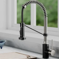 KRAUS Bolden 18-Inch Commercial Kitchen Faucet with Pull-Down Sprayhead in Spot Free Stainless Steel/Matte Black