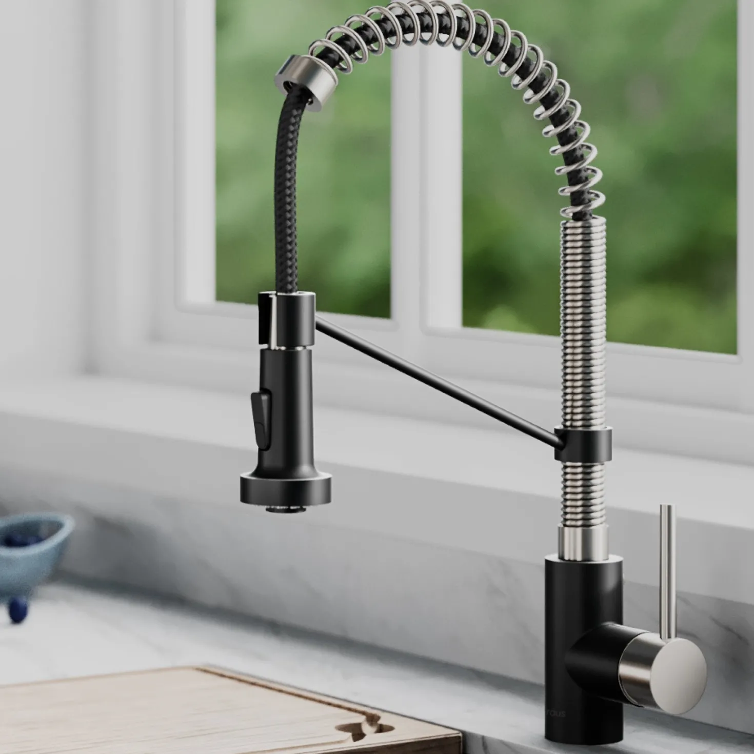 KRAUS Bolden 18-Inch Commercial Kitchen Faucet with Pull-Down Sprayhead in Spot Free Stainless Steel/Matte Black
