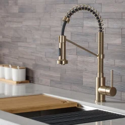 KRAUS Bolden 18-Inch Commercial Kitchen Faucet with Pull-Down Sprayhead in Brushed Gold