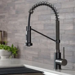 KRAUS Bolden 18-Inch Commercial Kitchen Faucet with Pull-Down Sprayhead in Matte Black/Black Stainless