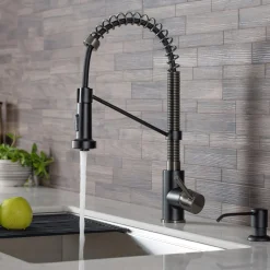 KRAUS Bolden 18-Inch Commercial Kitchen Faucet with Pull-Down Sprayhead in Matte Black/Black Stainless