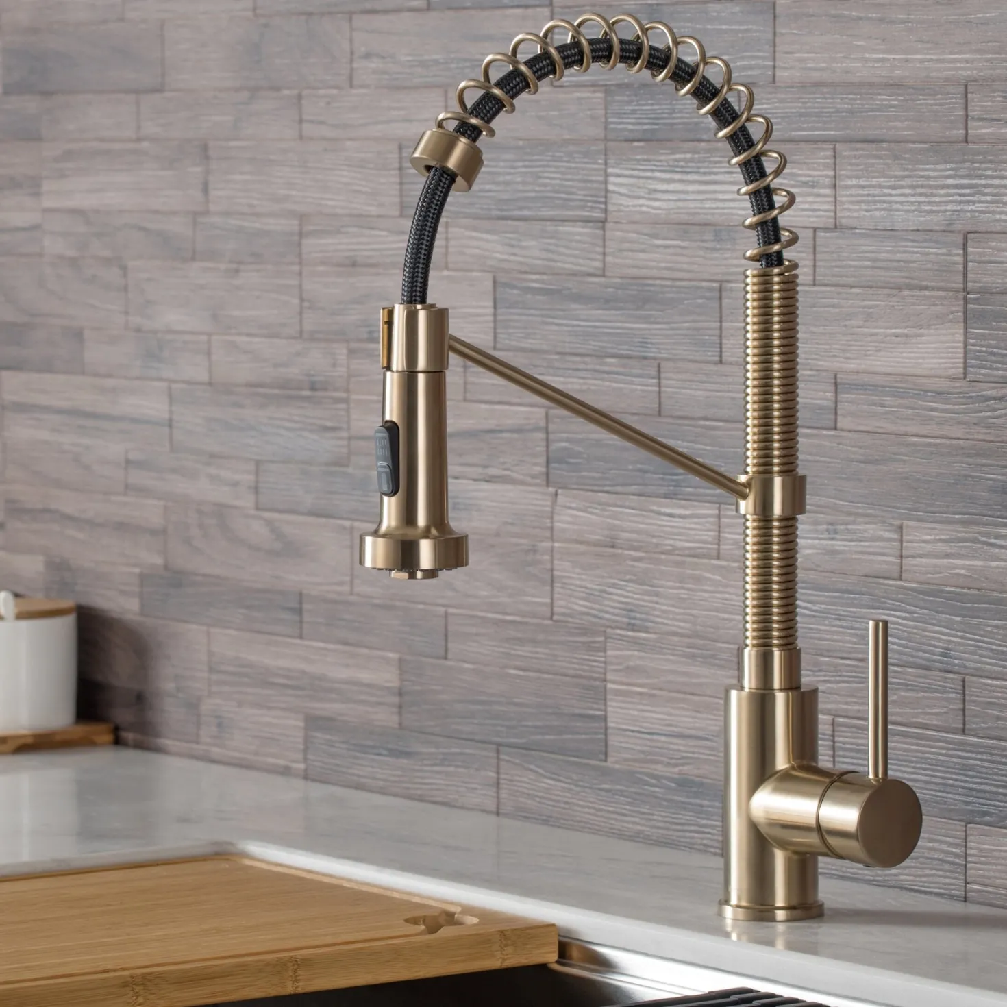 KRAUS Bolden 18-Inch Commercial Kitchen Faucet with Pull-Down Sprayhead in Spot Free Antique Champagne Bronze