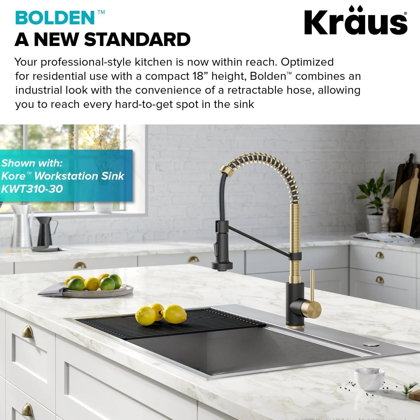 KRAUS Bolden 18-Inch Commercial Kitchen Faucet with Pull-Down Sprayhead in Spot Free Antique Champagne Bronze/Matte Black