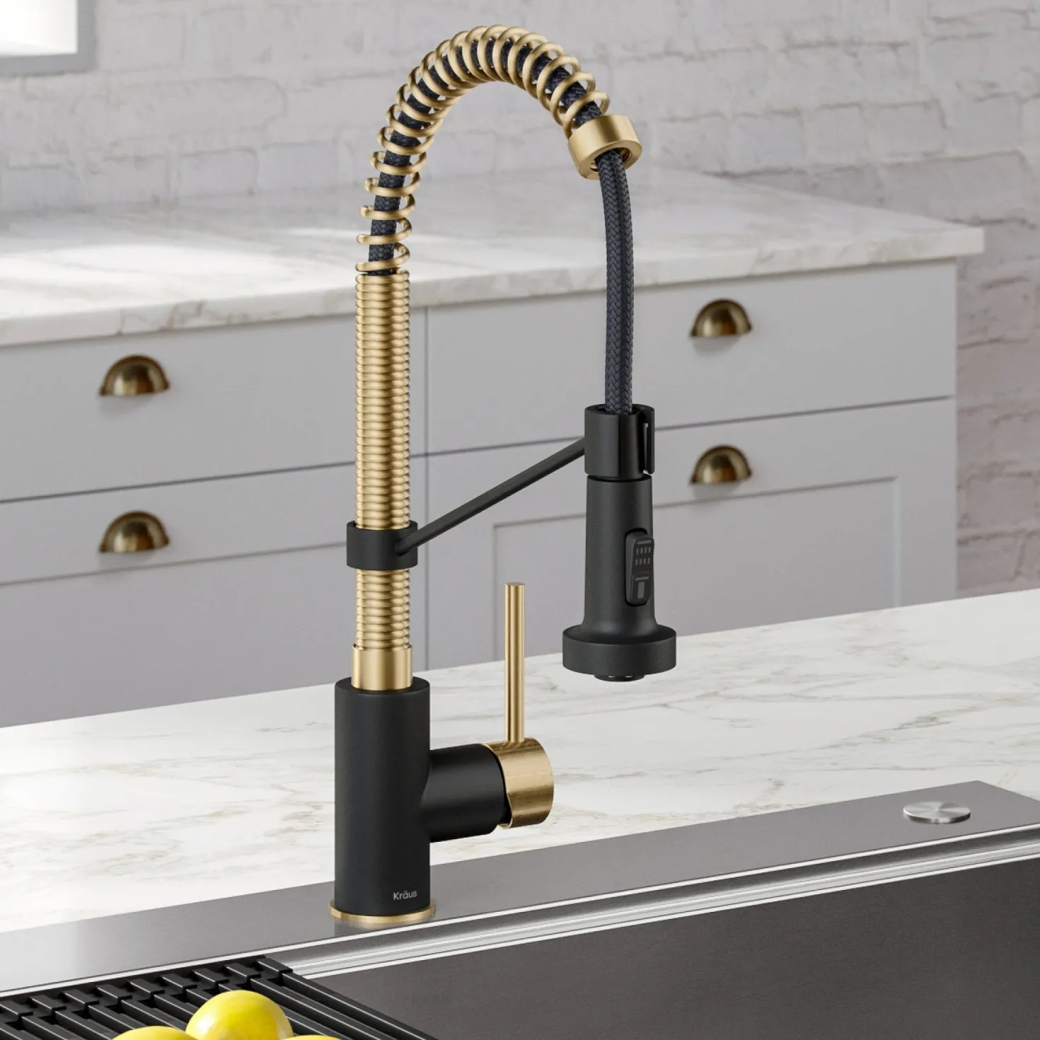 KRAUS Bolden 18-Inch Commercial Kitchen Faucet with Pull-Down Sprayhead in Spot Free Antique Champagne Bronze/Matte Black