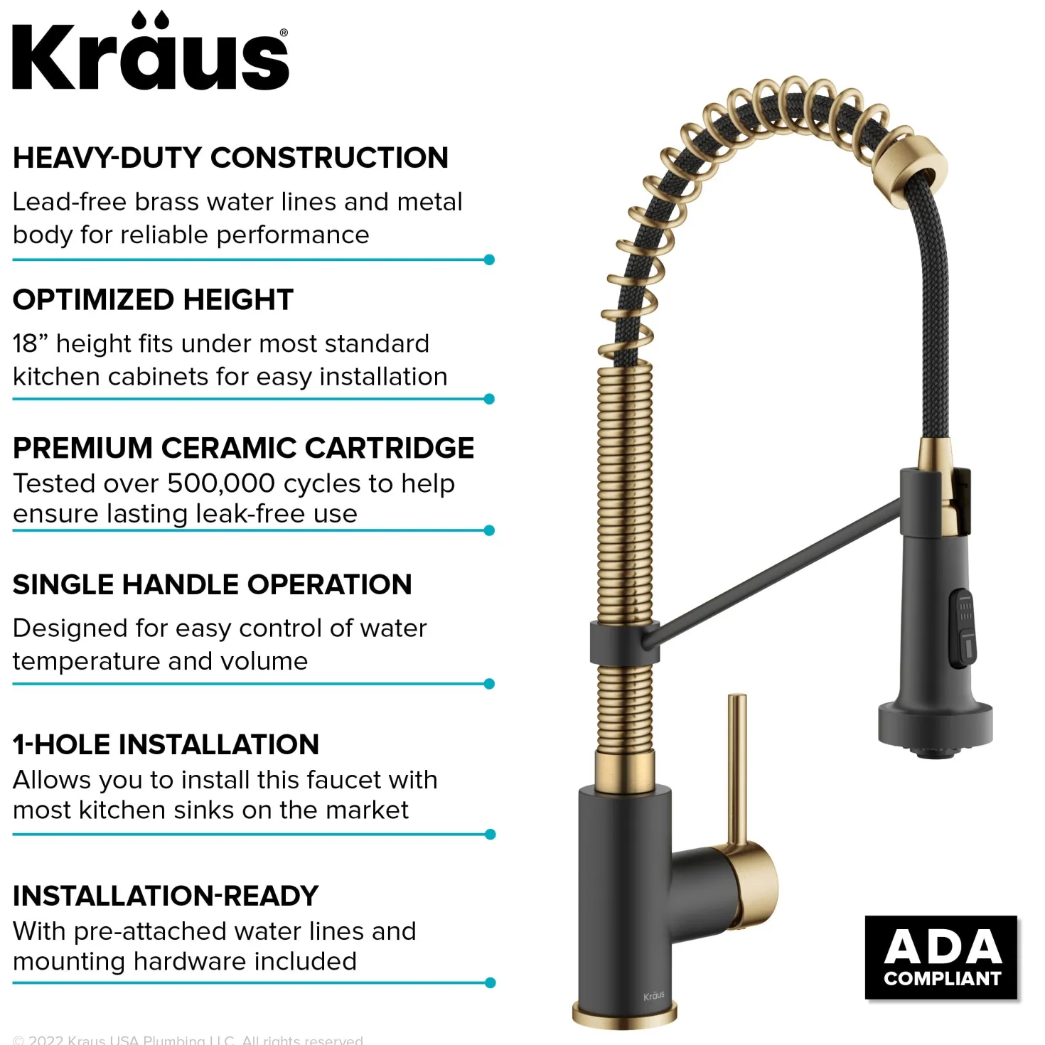 KRAUS Bolden 18-Inch Commercial Kitchen Faucet with Pull-Down Sprayhead in Brushed Brass & Matte Black