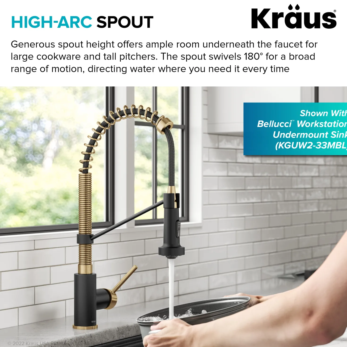 KRAUS Bolden 18-Inch Commercial Kitchen Faucet with Pull-Down Sprayhead in Brushed Brass & Matte Black