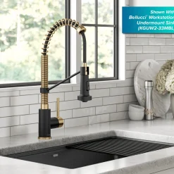 KRAUS Bolden 18-Inch Commercial Kitchen Faucet with Pull-Down Sprayhead in Brushed Brass & Matte Black