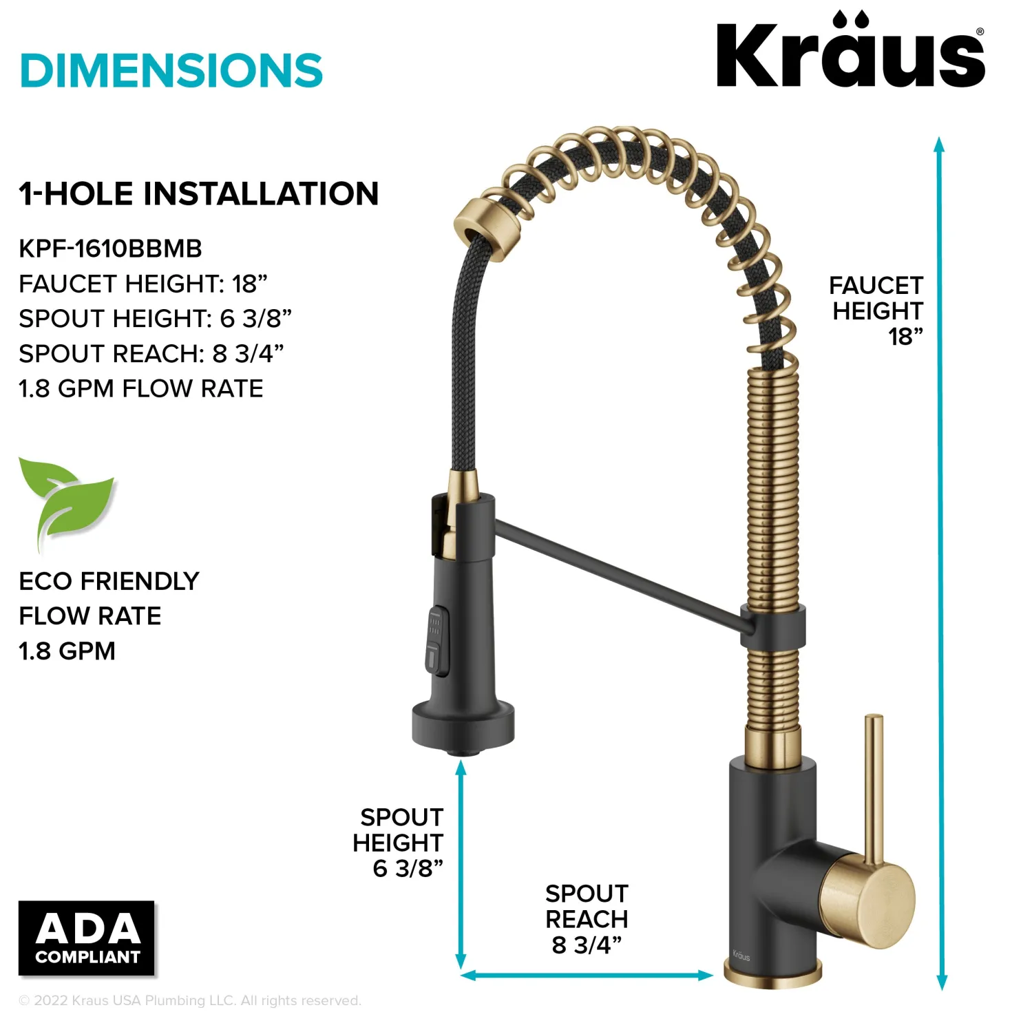 KRAUS Bolden 18-Inch Commercial Kitchen Faucet with Pull-Down Sprayhead in Brushed Brass & Matte Black