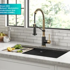 KRAUS Bolden 18-Inch Commercial Kitchen Faucet with Pull-Down Sprayhead in Brushed Brass & Matte Black