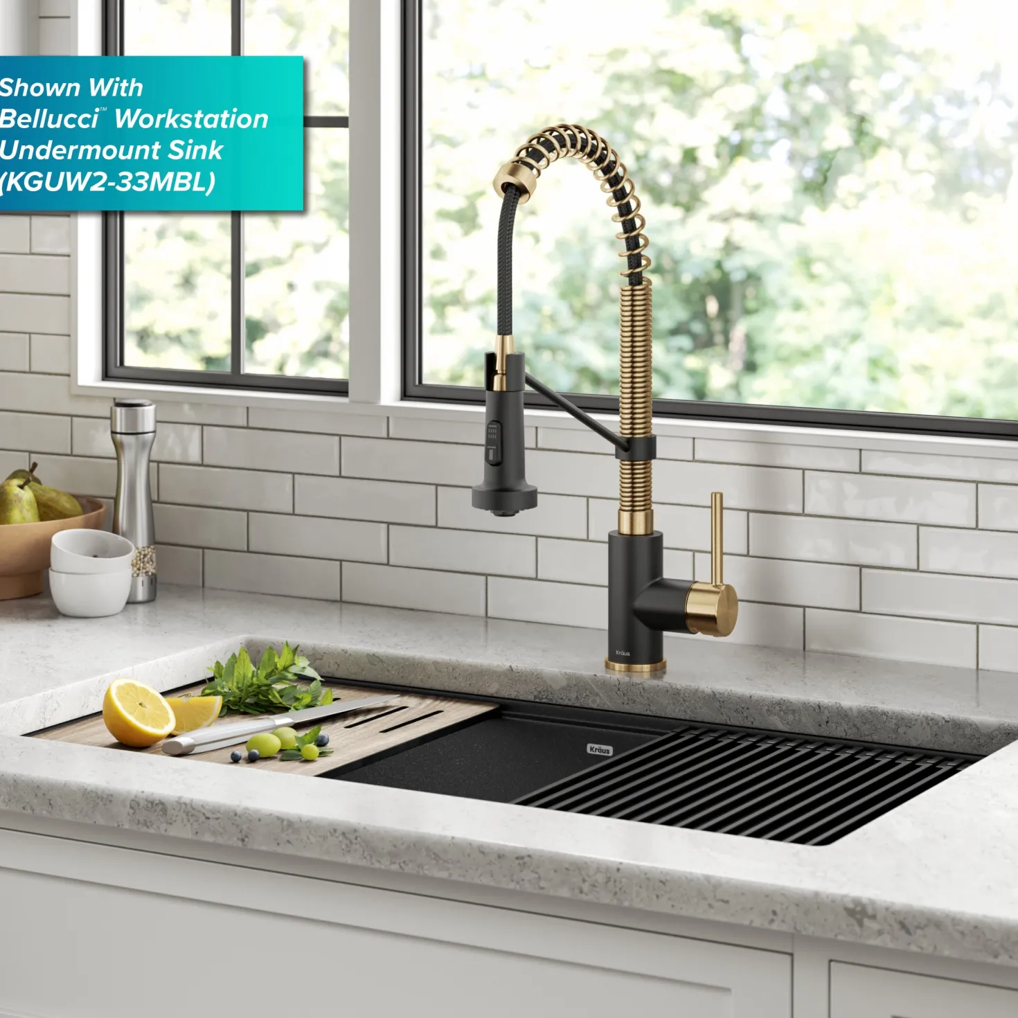 KRAUS Bolden 18-Inch Commercial Kitchen Faucet with Pull-Down Sprayhead in Brushed Brass & Matte Black