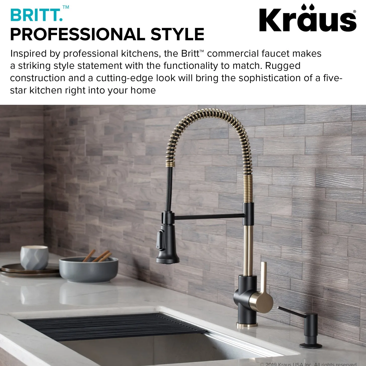 KRAUS Britt Commercial Style Kitchen Faucet in Matte Black/Brushed Gold