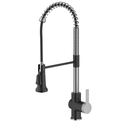 KRAUS Britt Commercial Style Pull-Down Single Handle Kitchen Faucet in Spot-Free Stainless Steel and Matte Black