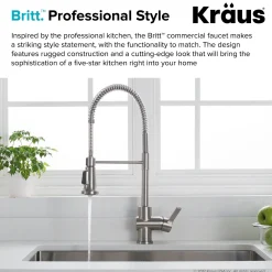 KRAUS Britt Single Handle Commercial Kitchen Faucet with Deck Plate and Soap Dispenser in all-Brite Spot Free Stainless Steel
