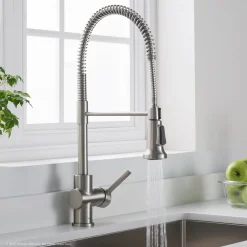 KRAUS Britt Single Handle Commercial Kitchen Faucet with Deck Plate and Soap Dispenser in all-Brite Spot Free Stainless Steel