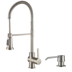 KRAUS Britt Single Handle Commercial Kitchen Faucet with Deck Plate and Soap Dispenser in all-Brite Spot Free Stainless Steel