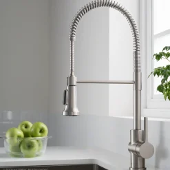KRAUS Britt Single Handle Commercial Kitchen Faucet with Deck Plate and Soap Dispenser in all-Brite Spot Free Stainless Steel