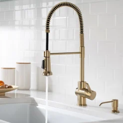 KRAUS Britt Single Handle Commercial Kitchen Faucet with Deck Plate and Soap Dispenser in Spot Free Antique Champagne Bronze
