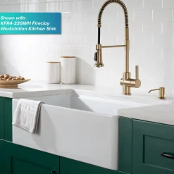 KRAUS Britt Single Handle Commercial Kitchen Faucet with Deck Plate and Soap Dispenser in Spot Free Antique Champagne Bronze
