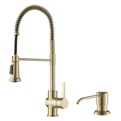 KRAUS Britt Single Handle Commercial Kitchen Faucet with Deck Plate and Soap Dispenser in Spot Free Antique Champagne Bronze