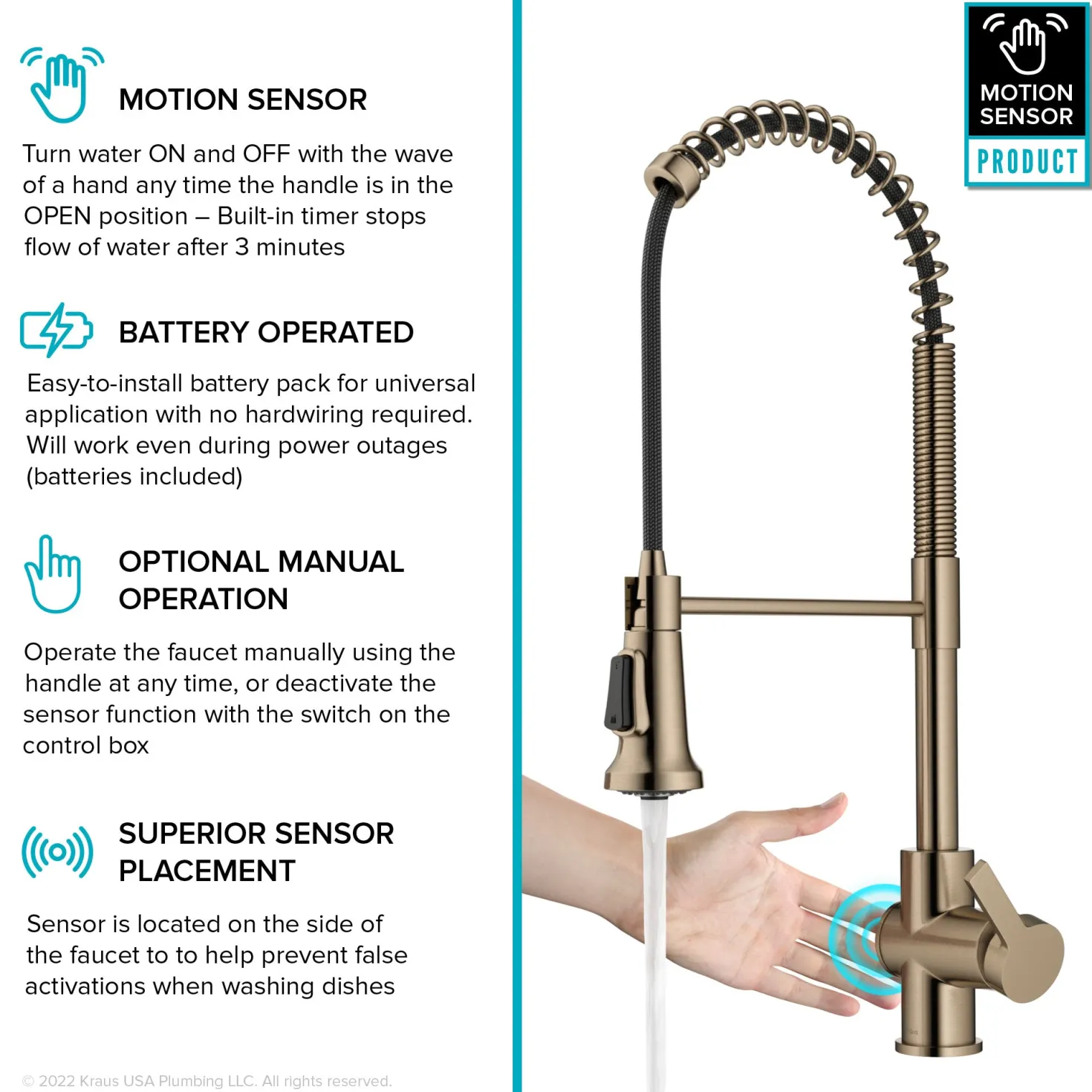 KRAUS Britt Touchless Pull-Down Single Handle Faucet in Spot Free Antique Champagne Bronze
