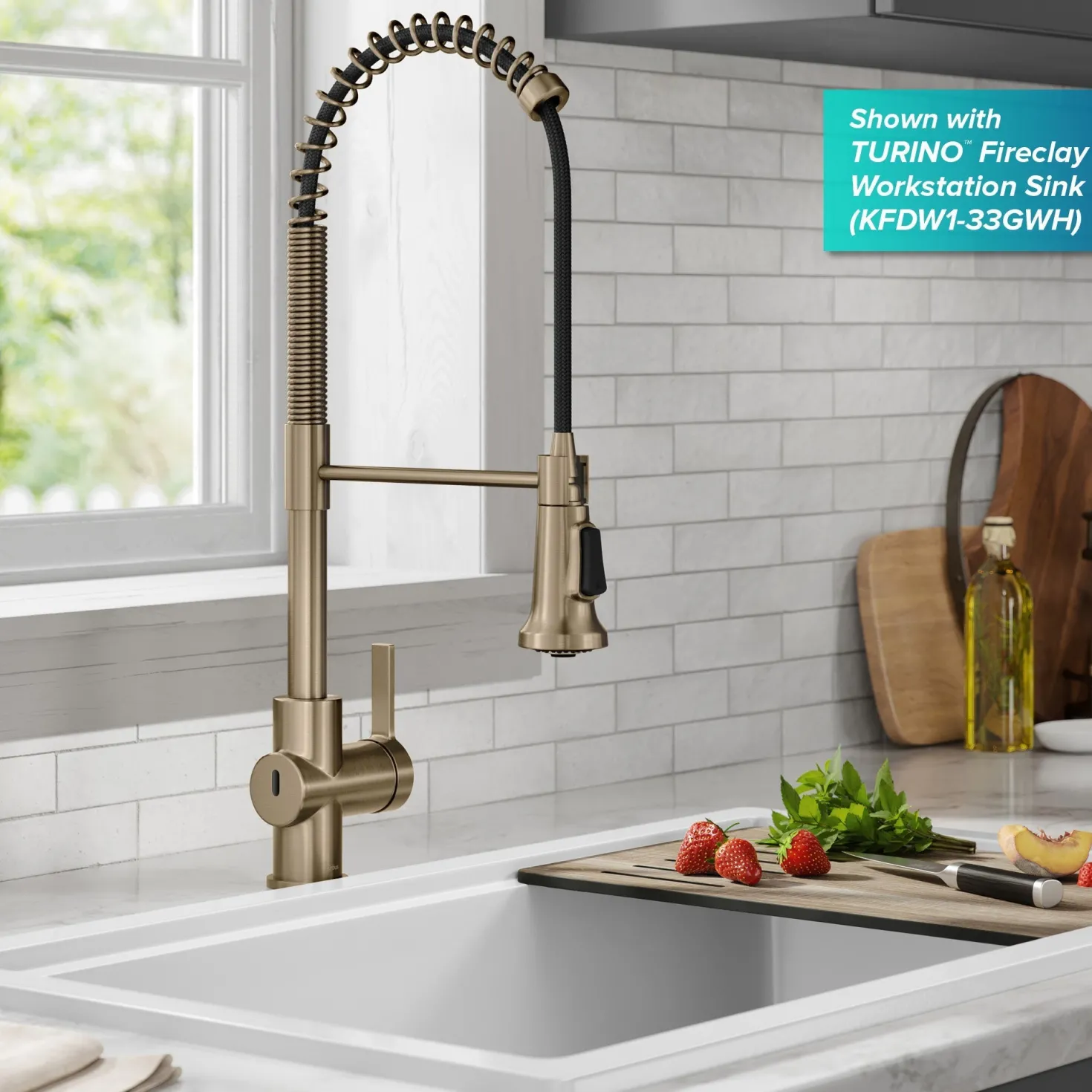 KRAUS Britt Touchless Pull-Down Single Handle Faucet in Spot Free Antique Champagne Bronze