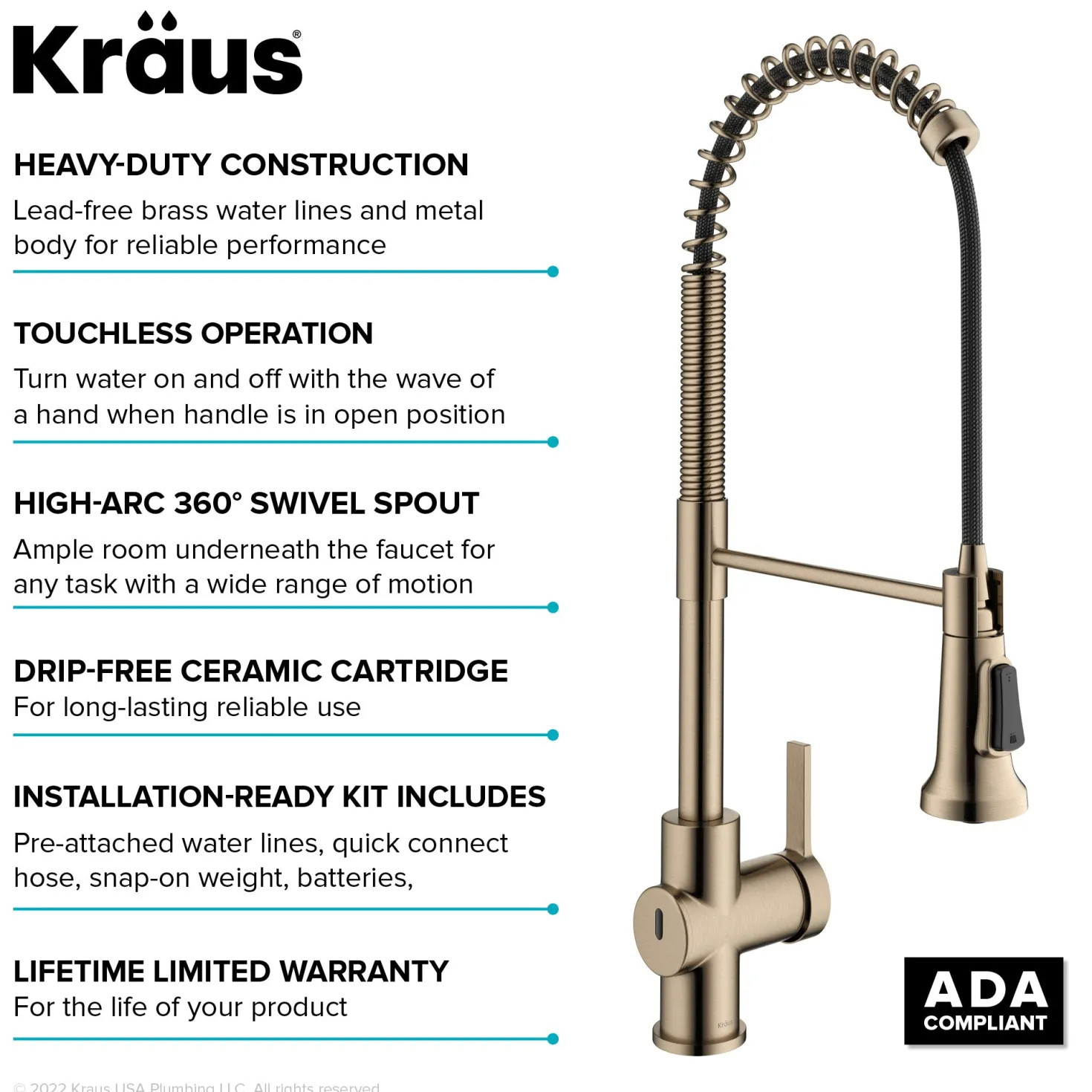 KRAUS Britt Touchless Pull-Down Single Handle Faucet in Spot Free Antique Champagne Bronze