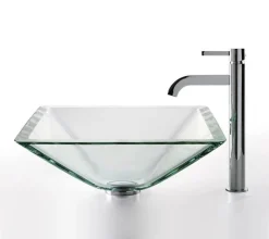 KRAUS Clear Aquamarine Glass Vessel Sink and Ramus Faucet