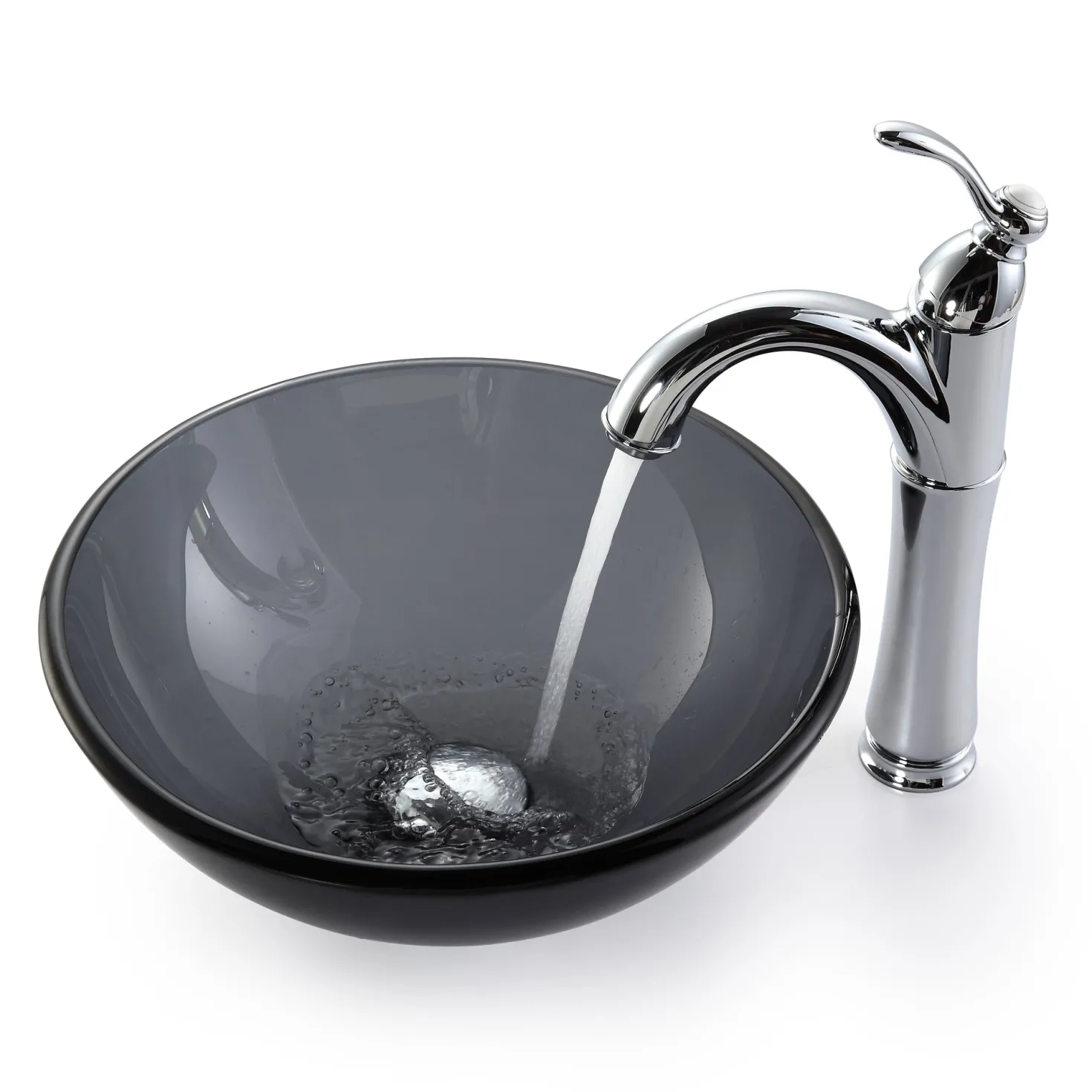 KRAUS Clear Black 14" Glass Vessel Bathroom Sink with PU-MR
