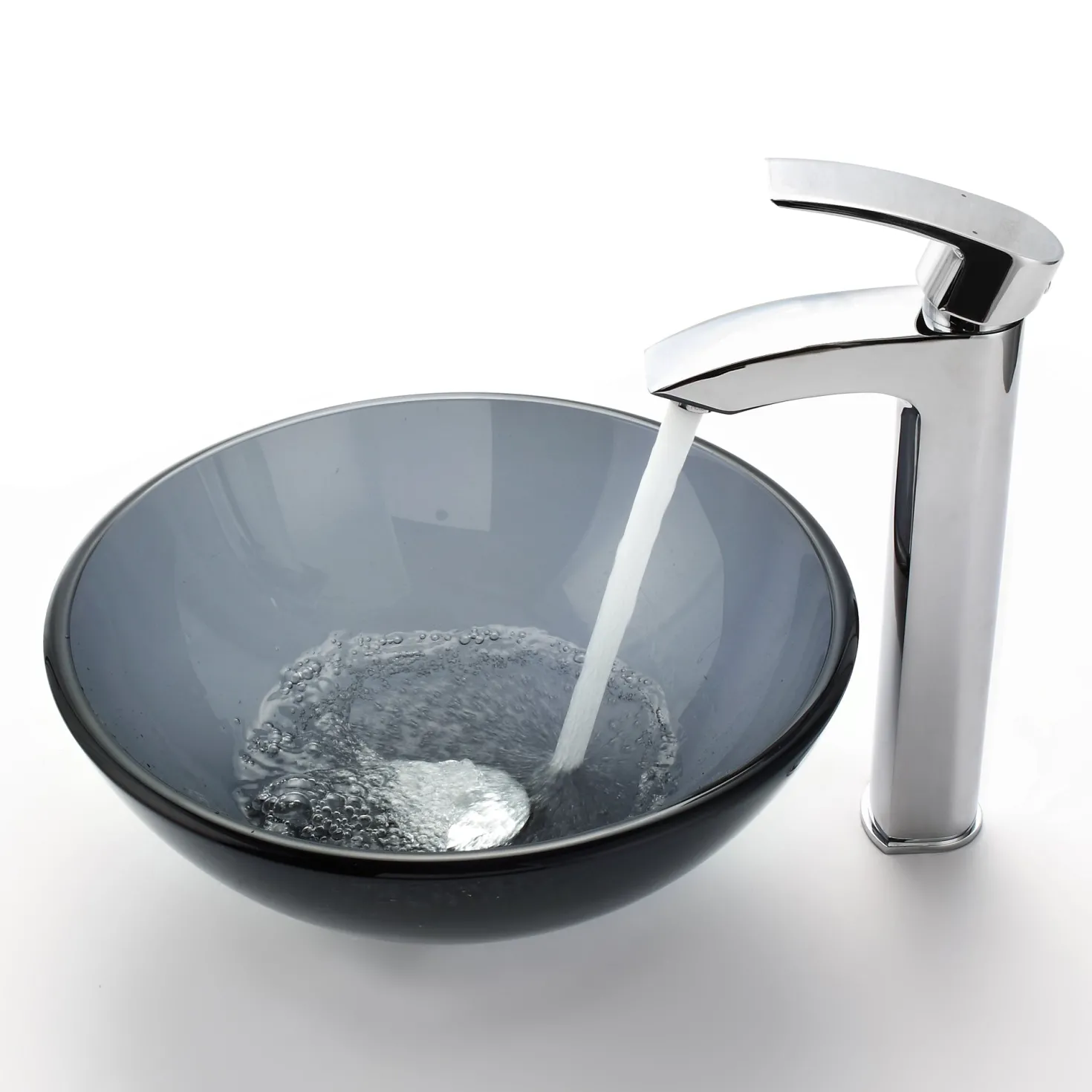 KRAUS Clear Black 14" Glass Vessel Bathroom Sink with PU-MR