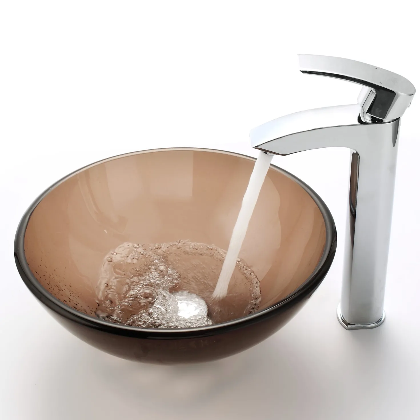 KRAUS Clear Brown 14" Glass Vessel Bathroom Sink with PU-MR