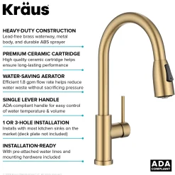 KRAUS Coda Single Handle Pull Down Kitchen Faucet in Spot-Free Brushed Brass