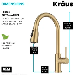 KRAUS Coda Single Handle Pull Down Kitchen Faucet in Spot-Free Brushed Brass