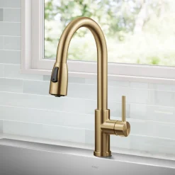 KRAUS Coda Single Handle Pull Down Kitchen Faucet in Spot-Free Brushed Brass