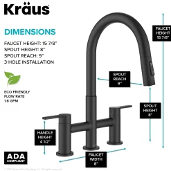 KRAUS Contemporary Bridge Kitchen Faucet with Spray-Head in Matte Black