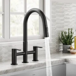 KRAUS Contemporary Bridge Kitchen Faucet with Spray-Head in Matte Black