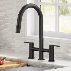 KRAUS Contemporary Bridge Kitchen Faucet with Spray-Head in Matte Black
