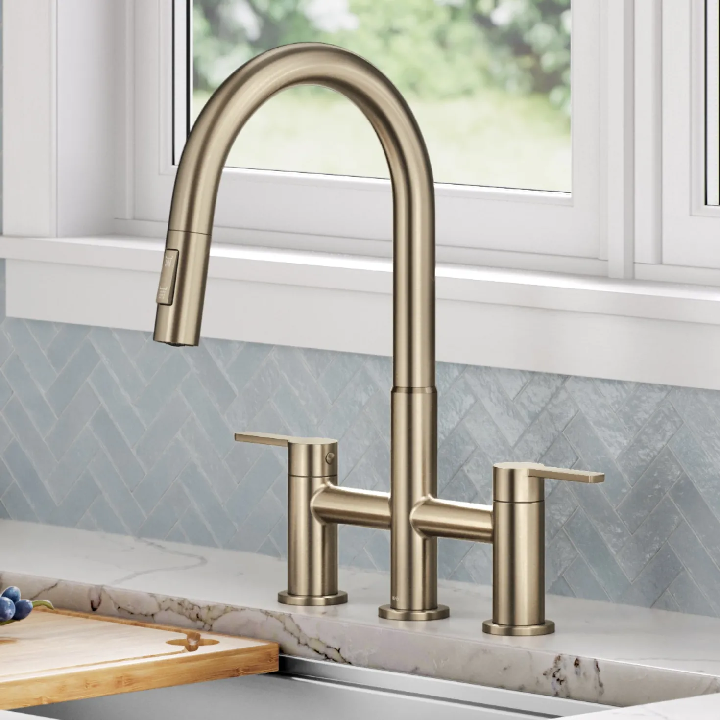 KRAUS Contemporary Bridge Kitchen Faucet with Spray-Head in Antique Bronze