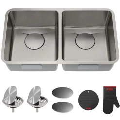 KRAUS Dex 33" Undermount 50/50 Double Bowl 16 Gauge Stainless Steel Kitchen Sink with VersiDrain