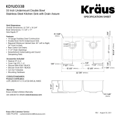 KRAUS Dex 33" Undermount 50/50 Double Bowl 16 Gauge Stainless Steel Kitchen Sink with VersiDrain