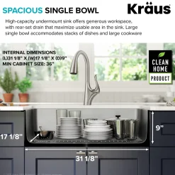 KRAUS Dex 33" Undermount 16 Gauge Stainless Steel Kitchen Sink